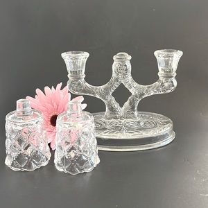 Vintage McKee Crystal Candlestick Holders Clear Depression Glass & Votive Cups